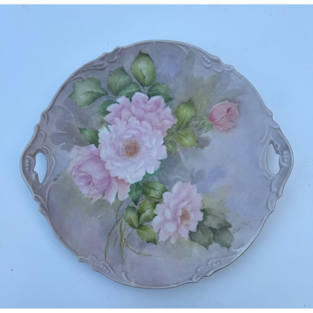 Vintage Hand Painted Pink Roses Porcelain Serving Tray Signed Lee U 11.5 inch
